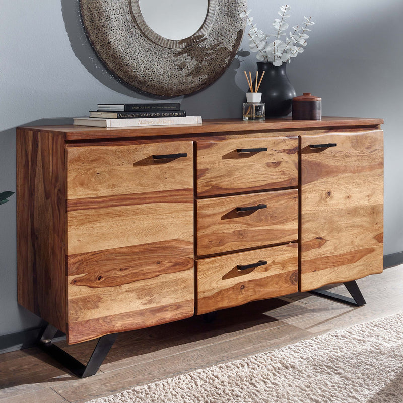 Sideboard 145x82x45cm Sheesham Massivholz Metall Baumkante Modern