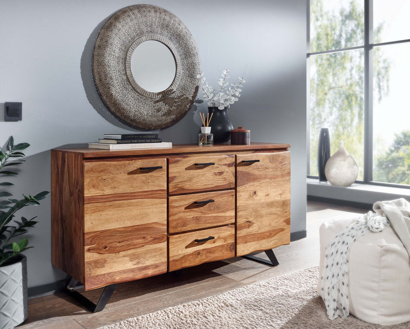 Sideboard 145x82x45cm Sheesham Massivholz Metall Baumkante Modern