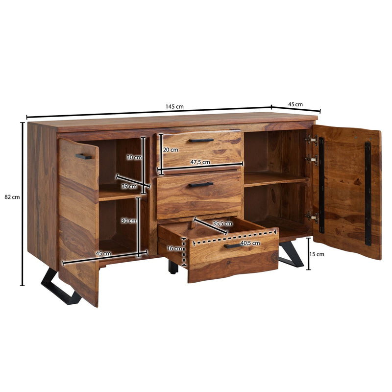 Sideboard 145x82x45cm Sheesham Massivholz Metall Baumkante Modern