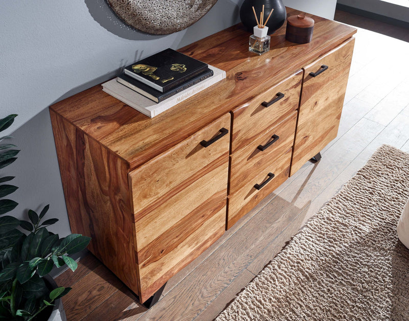 Sideboard 145x82x45cm Sheesham Massivholz Metall Baumkante Modern