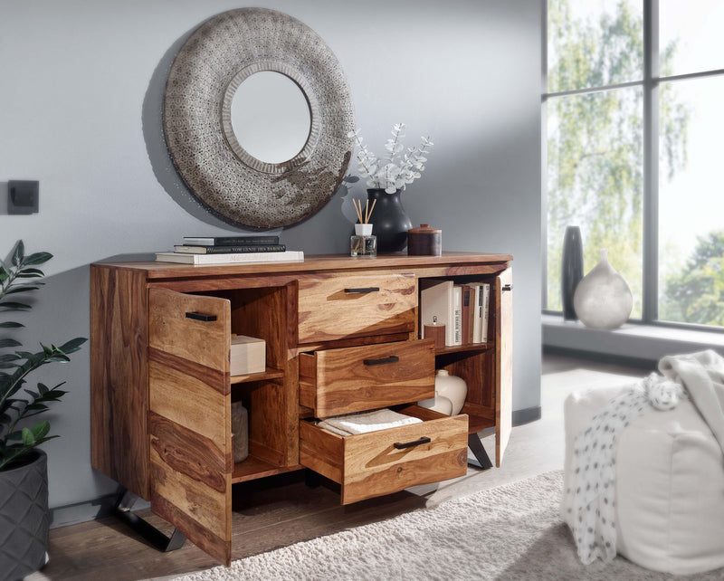 Sideboard 145x82x45cm Sheesham Massivholz Metall Baumkante Modern