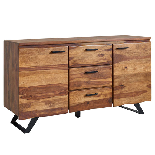 Sideboard 145x82x45cm Sheesham Massivholz mit Baumkante, sechs Schubladen und schwarzen Metallbeinen in Gesamtansicht.