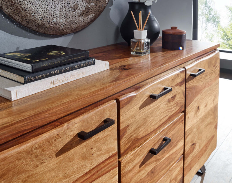 Sideboard 145x82x45cm Sheesham Massivholz Metall Baumkante Modern
