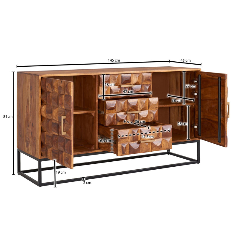 Sideboard 145x81x45cm Sheesham Massivholz Metall Industrial Schubladen