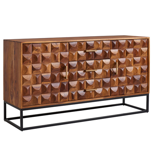 Sideboard 145x81x45cm Sheesham Massivholz mit geometrisch strukturierter Front und Metallgestell, Gesamtansicht.