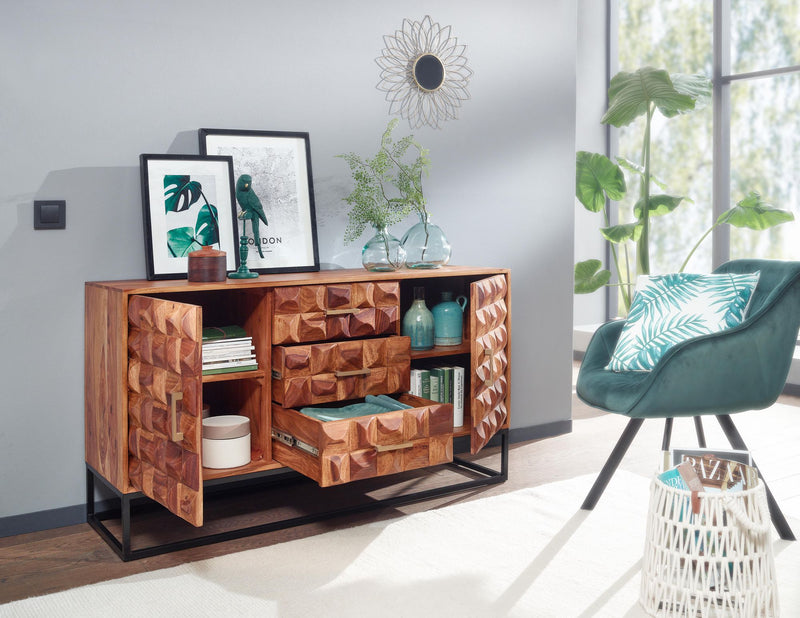 Sideboard 145x81x45cm Sheesham Massivholz Metall Industrial Schubladen