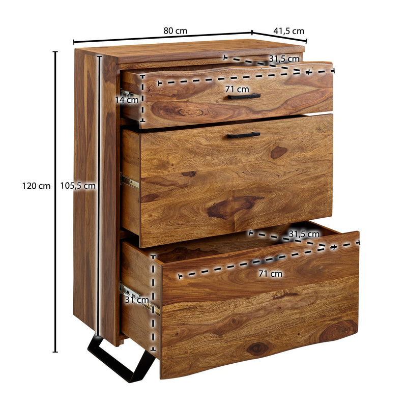 Kommode 80x120x41,5cm Sheesham Massivholz Metall Baumkante Modern