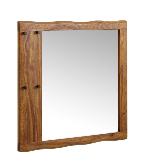 Wandspiegel Sheesham Massivholz 80x80cm Baumkante Modern mit natürlichem Holzrahmen in Gesamtansicht.