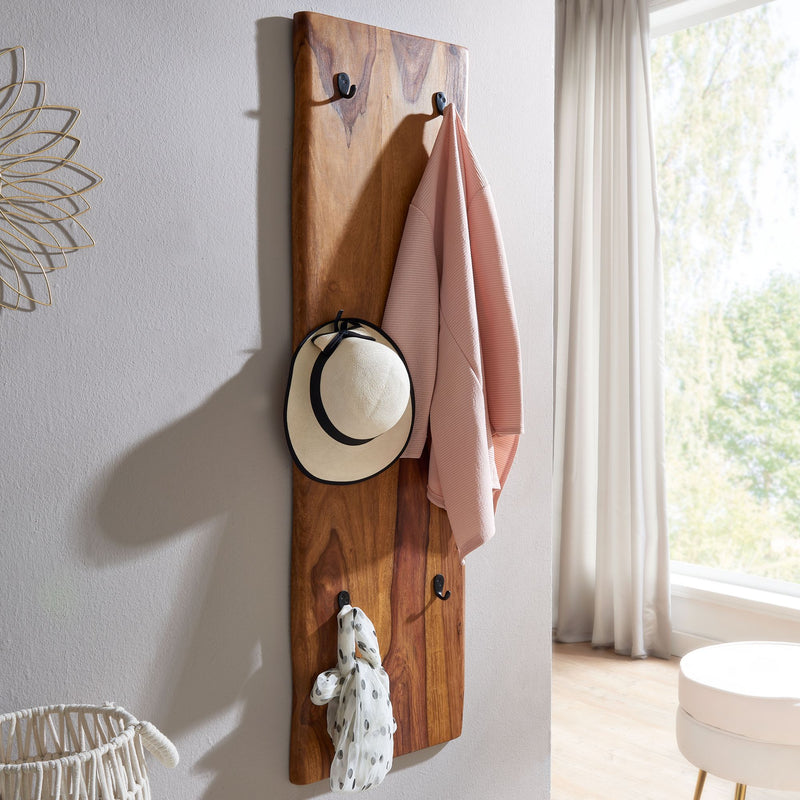 Wandgarderobe Sheesham Massivholz Metall 40x140cm Baumkante Hakenleiste