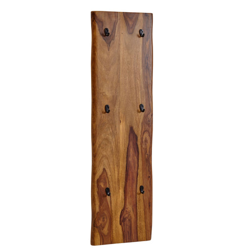 Wandgarderobe Sheesham Massivholz Metall 40x140cm mit sechs schwarzen Metalkhaken und Baumkante, Gesamtansicht.
