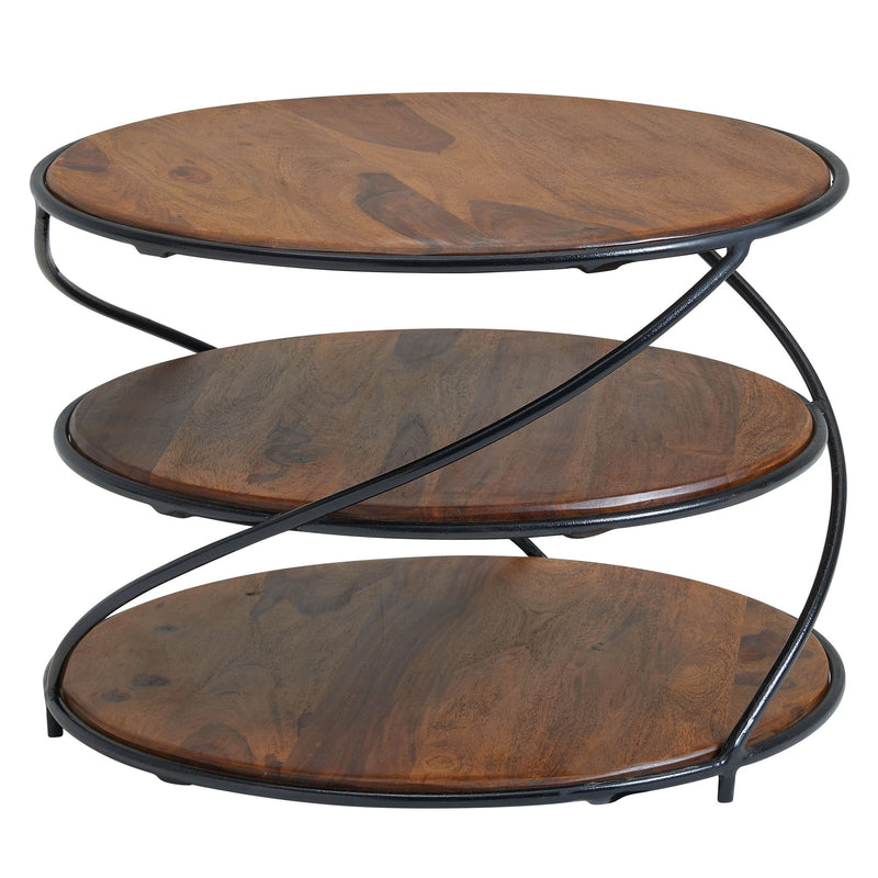 Couchtisch Sheesham Massivholz Metall Stauraum Rund Modern 58x58x40,5cm