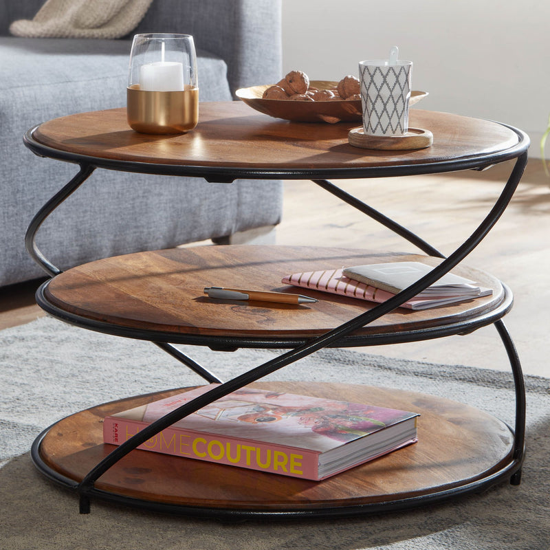 Couchtisch Sheesham Massivholz Metall Stauraum Rund Modern 58x58x40,5cm