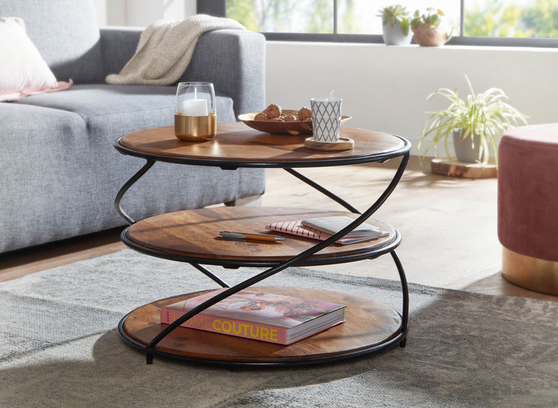 Couchtisch Sheesham Massivholz Metall Stauraum Rund Modern 58x58x40,5cm