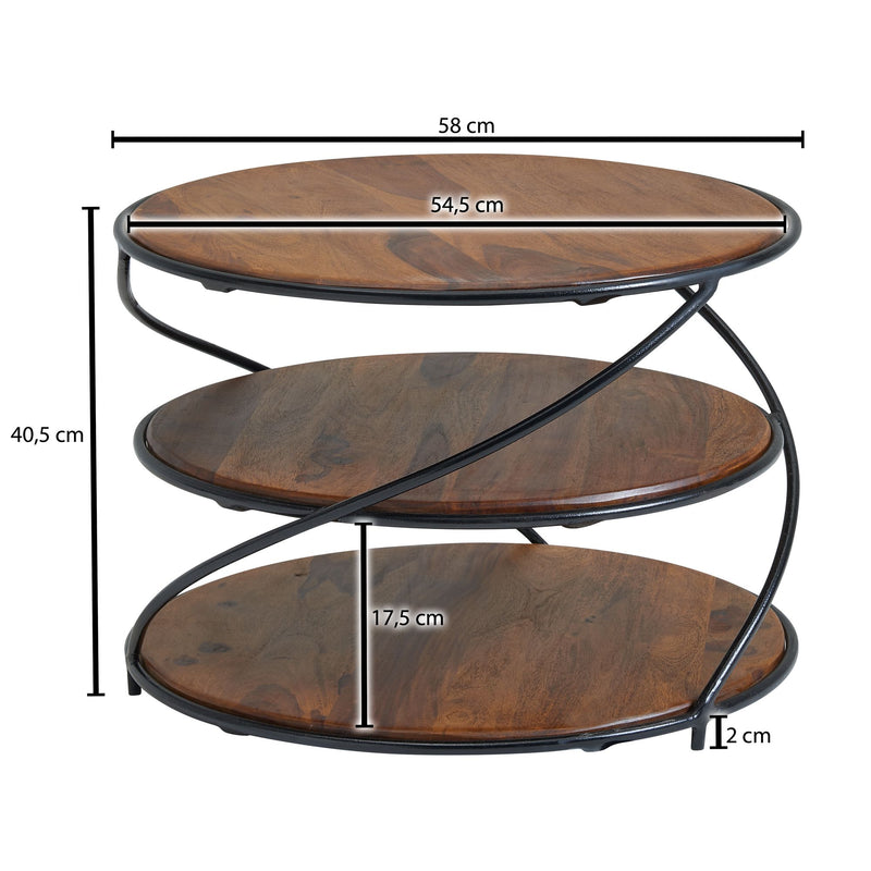 Couchtisch Sheesham Massivholz Metall Stauraum Rund Modern 58x58x40,5cm