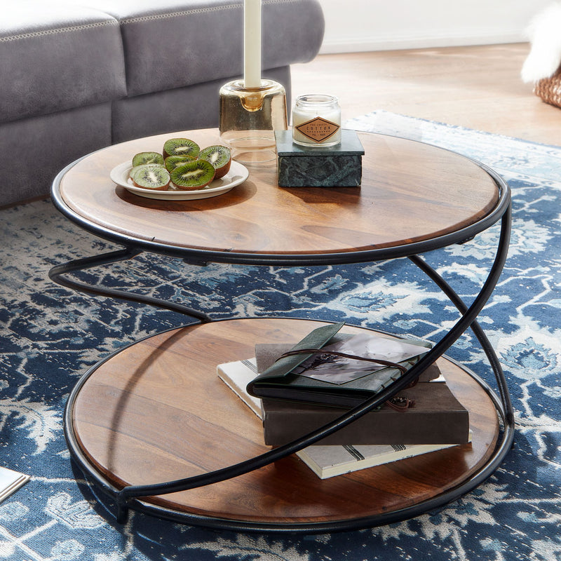 Couchtisch Sheesham Massivholz Metall Rund 58x58x35cm Modern Stauraum