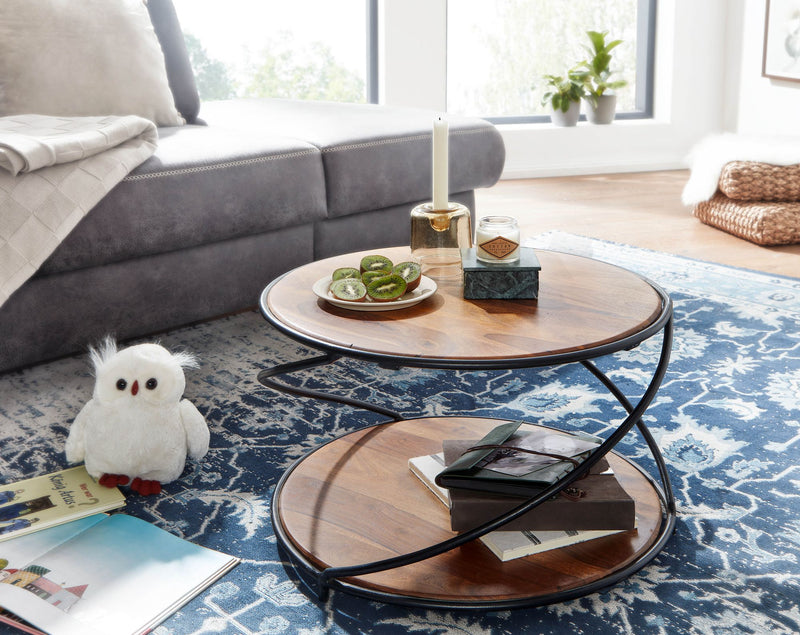 Couchtisch Sheesham Massivholz Metall Rund 58x58x35cm Modern Stauraum