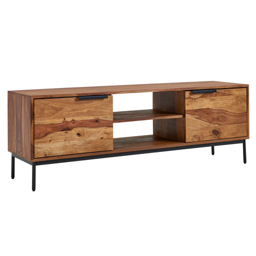Lowboard Sheesham Massivholz 147x51x38cm TV-Kommode Modern in Gesamtansicht mit zwei Schubladen und schwarzen Metallbeinen.