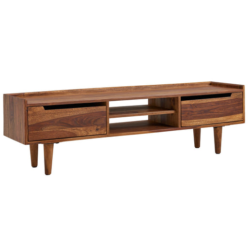Lowboard Sheesham Massivholz 145x43x35cm TV-Kommode Modern in Gesamtansicht mit zwei Schubladen und offenen Mittelfächern.