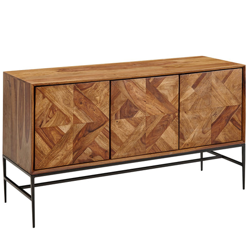 Sideboard Sheesham Massivholz mit drei Türen in Fischgrät-Musterung und schwarzem Metallgestell, Gesamtansicht.