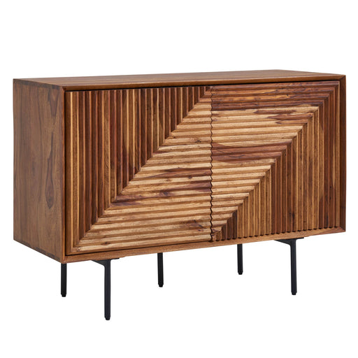 Sideboard aus Sheesham-Massivholz mit geometrischem Lamellenmuster auf Metallfüßen, Gesamtansicht von vorne.