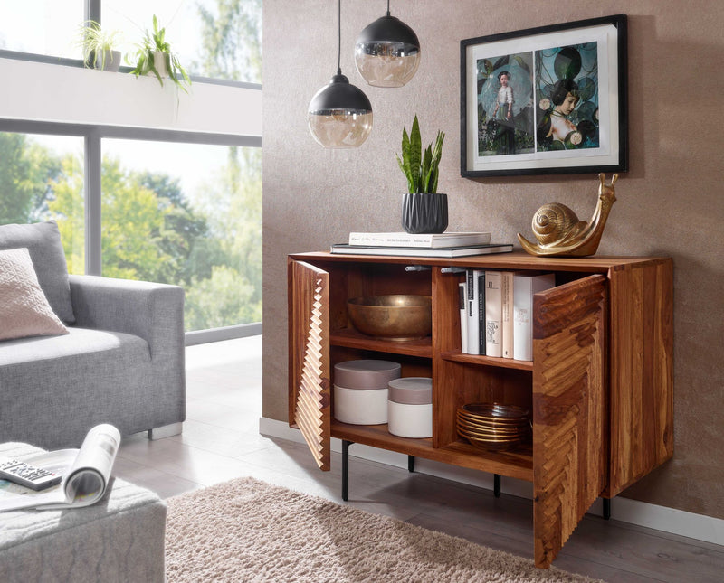 Sideboard 100x71x40cm Sheesham Massivholz Metall Modern Wohnzimmer