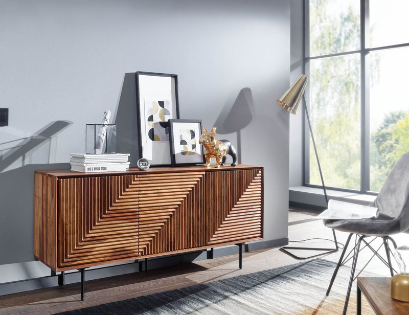 Sideboard 148x72x40cm Sheesham Massivholz Metall 3 Türen Modern