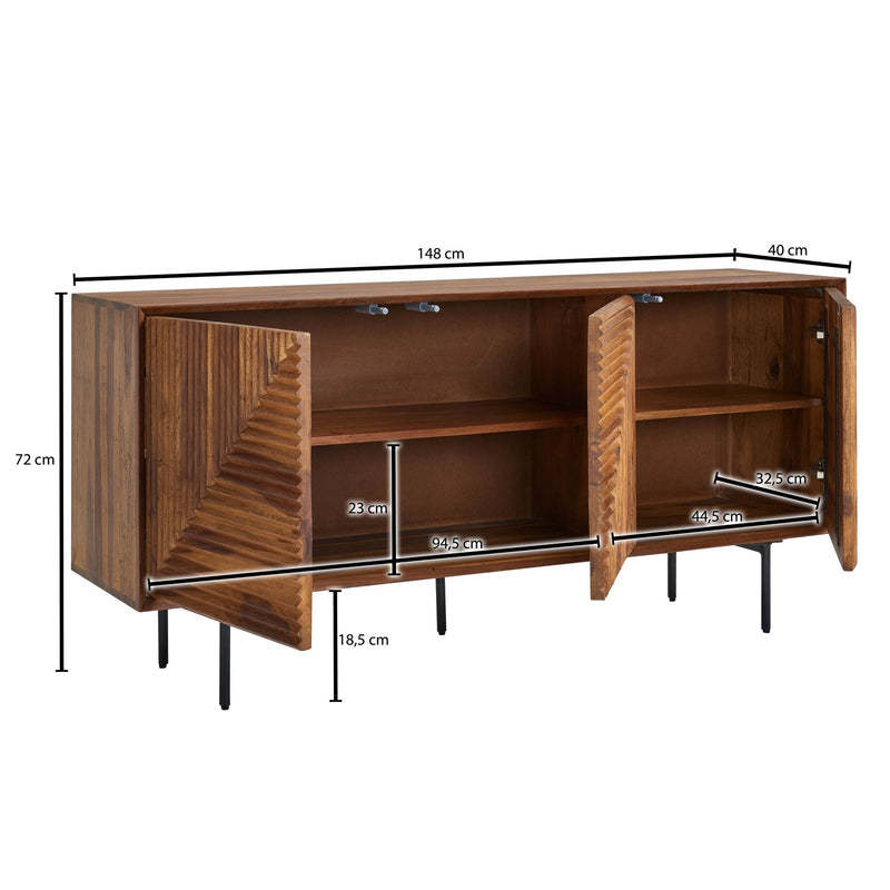 Sideboard 148x72x40cm Sheesham Massivholz Metall 3 Türen Modern