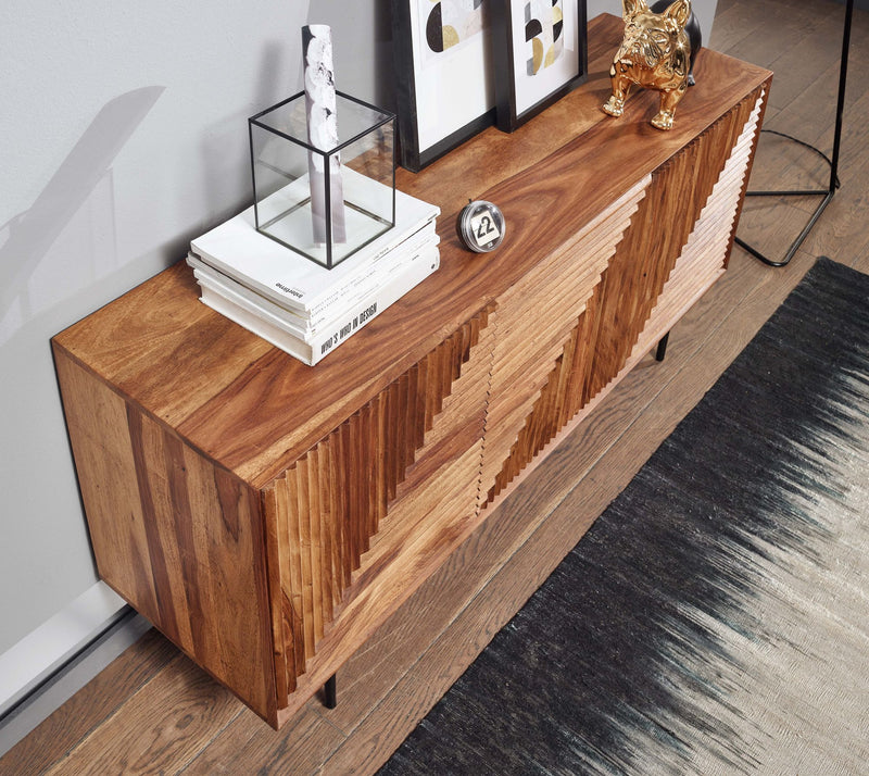 Sideboard 148x72x40cm Sheesham Massivholz Metall 3 Türen Modern