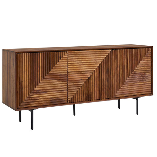 Sideboard mit geometrischem Chevron-Muster auf Türen, schwarzen Metallbeinen und Sheesham-Holzoberfläche.