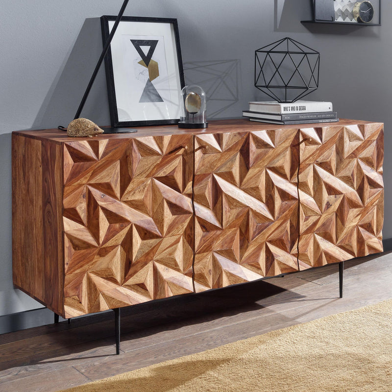 Sideboard 144x72x47cm Sheesham Massivholz Metall 3 Türen Modern