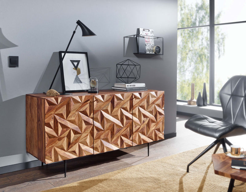 Sideboard 144x72x47cm Sheesham Massivholz Metall 3 Türen Modern