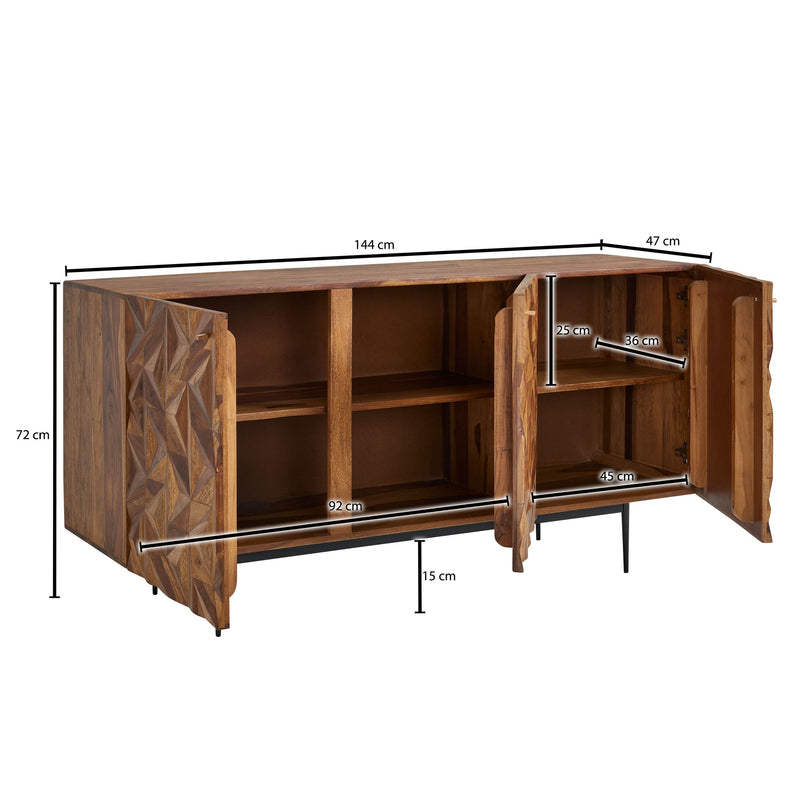 Sideboard 144x72x47cm Sheesham Massivholz Metall 3 Türen Modern