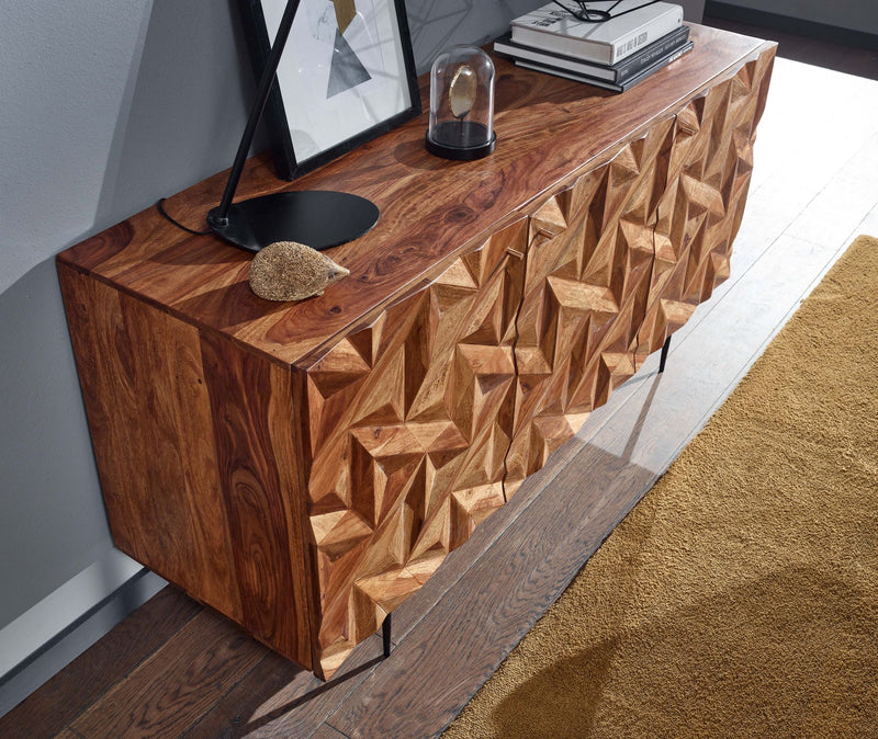 Sideboard 144x72x47cm Sheesham Massivholz Metall 3 Türen Modern