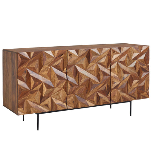 Sideboard mit vier Türen und geometrischem Holzintarsia-Muster in Brauntönen, schwarze Metallfüße, Gesamtansicht.