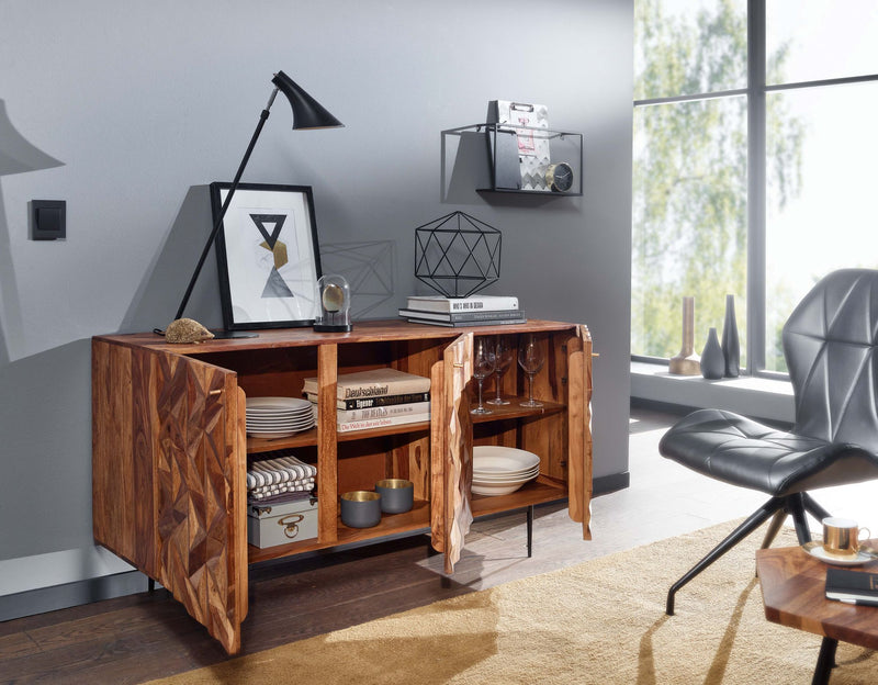 Sideboard 144x72x47cm Sheesham Massivholz Metall 3 Türen Modern