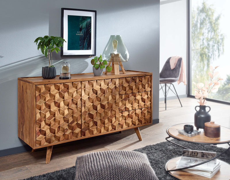 Sideboard 138x76x45cm Sheesham Massivholz Türen Schubladen Modern
