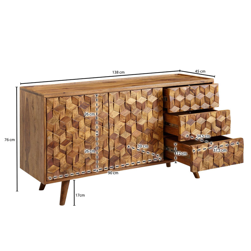 Sideboard 138x76x45cm Sheesham Massivholz Türen Schubladen Modern