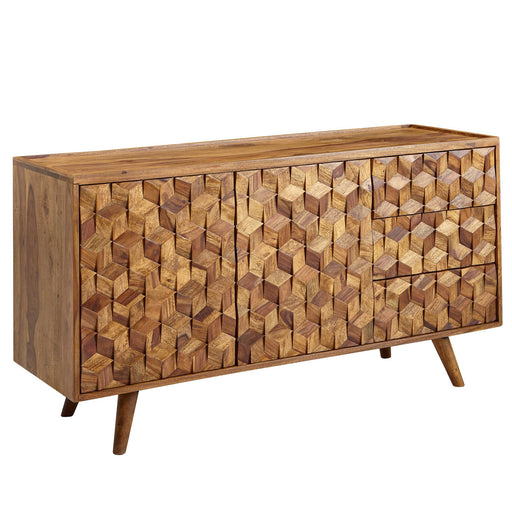 Sideboard mit dreidimensionalem Würfelmuster auf den Fronttüren, Sheesham Massivholz, Gesamtansicht.