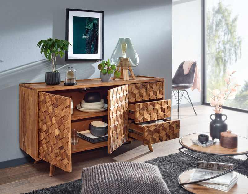 Sideboard 138x76x45cm Sheesham Massivholz Türen Schubladen Modern