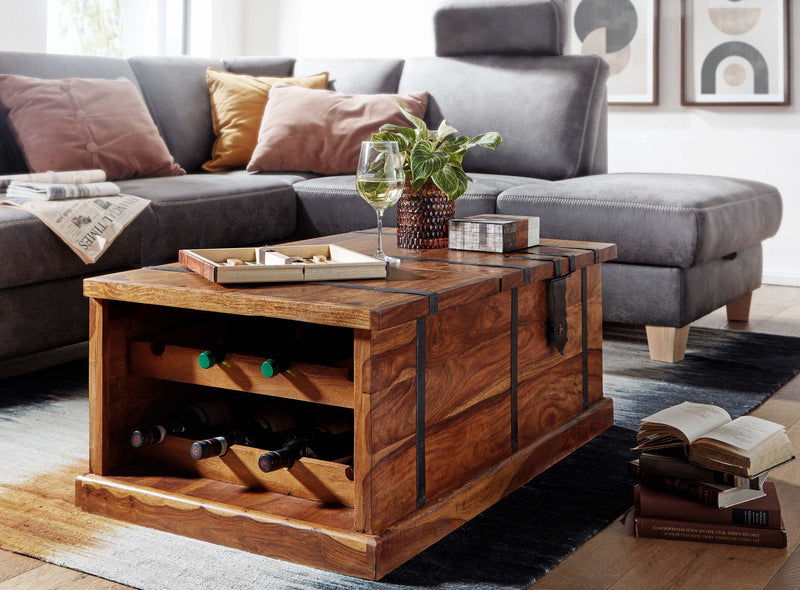 Couchtisch Sheesham Massivholz 100x60x40cm mit Weinregal Stauraum Modern