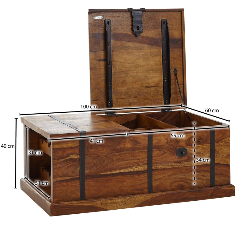 Couchtisch Sheesham Massivholz 100x60x40cm mit Weinregal Stauraum Modern