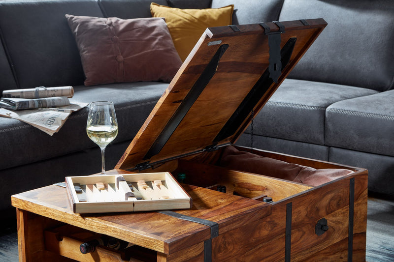 Couchtisch Sheesham Massivholz 100x60x40cm mit Weinregal Stauraum Modern