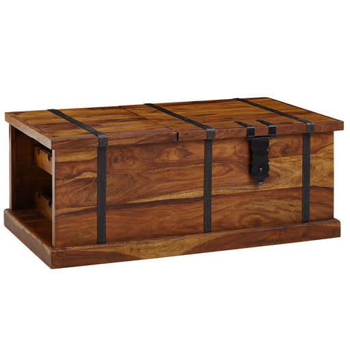 Couchtisch Sheesham Massivholz mit schwarzen Metallbändern und seitlichen Griffen in Gesamtansicht.