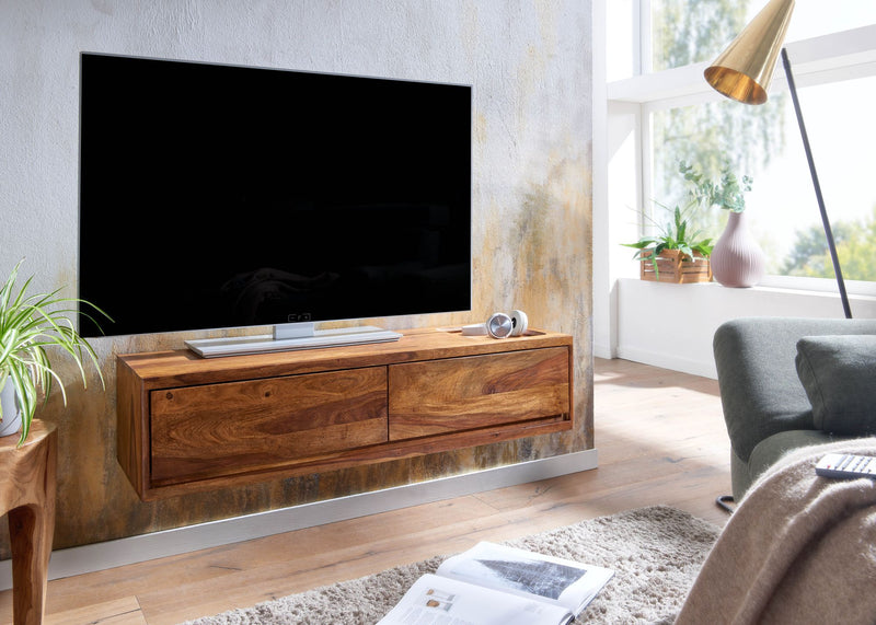 Lowboard Sheesham Massivholz 108x25x34cm Hängend TV-Schrank Braun