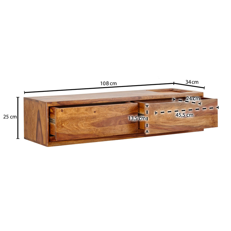 Lowboard Sheesham Massivholz 108x25x34cm Hängend TV-Schrank Braun