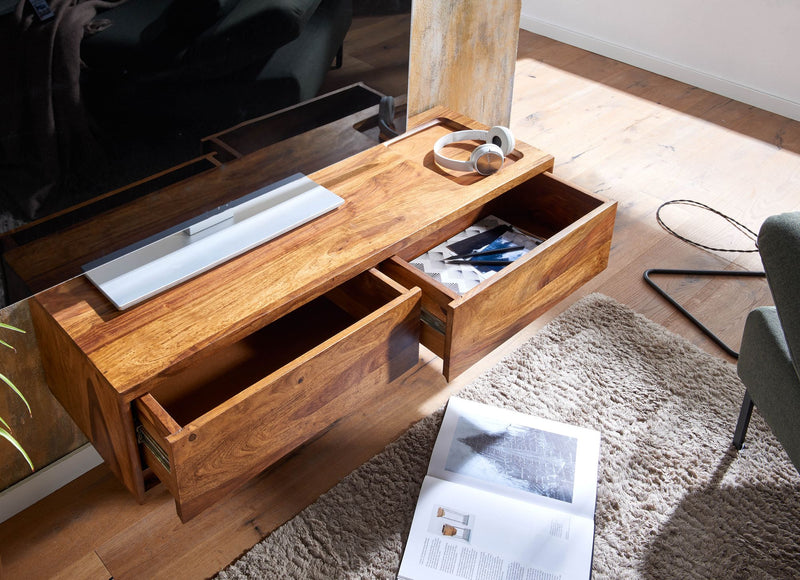 Lowboard Sheesham Massivholz 108x25x34cm Hängend TV-Schrank Braun