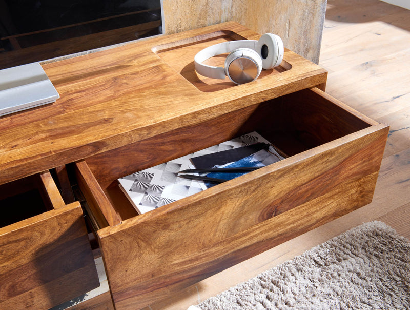 Lowboard Sheesham Massivholz 108x25x34cm Hängend TV-Schrank Braun