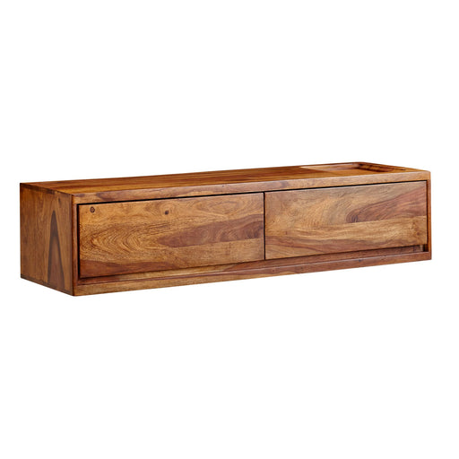 Lowboard Sheesham Massivholz 108x25x34cm Hängend TV-Schrank Braun in Gesamtansicht mit zwei Schubladen.