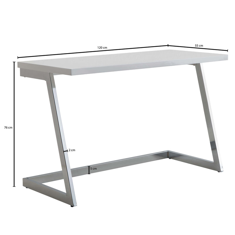 Schreibtisch 120x55x76cm Hochglanz Weiß Silber Metallbeine Modern