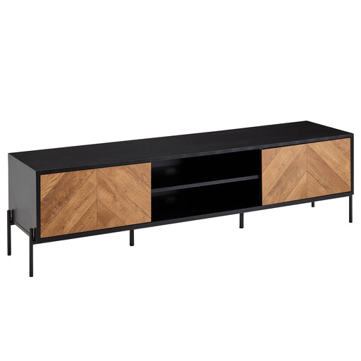 Lowboard TV-Schrank 163x45x40cm mit schwarzer Oberseite und Eiche-Dekor Türfronten in Gesamtansicht.